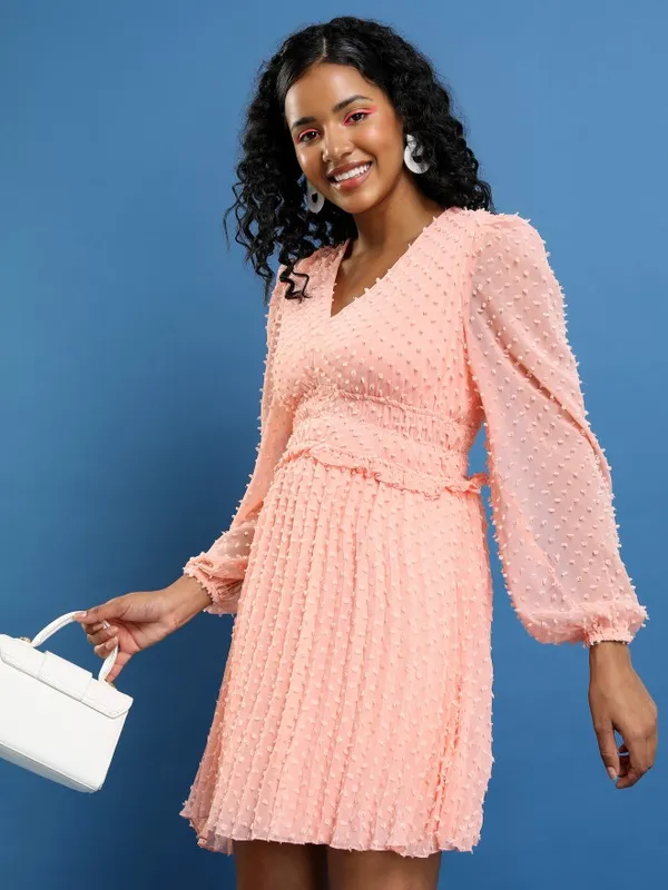 Tokyo Talkies Women Pink Self Design Fit And Flare Dress