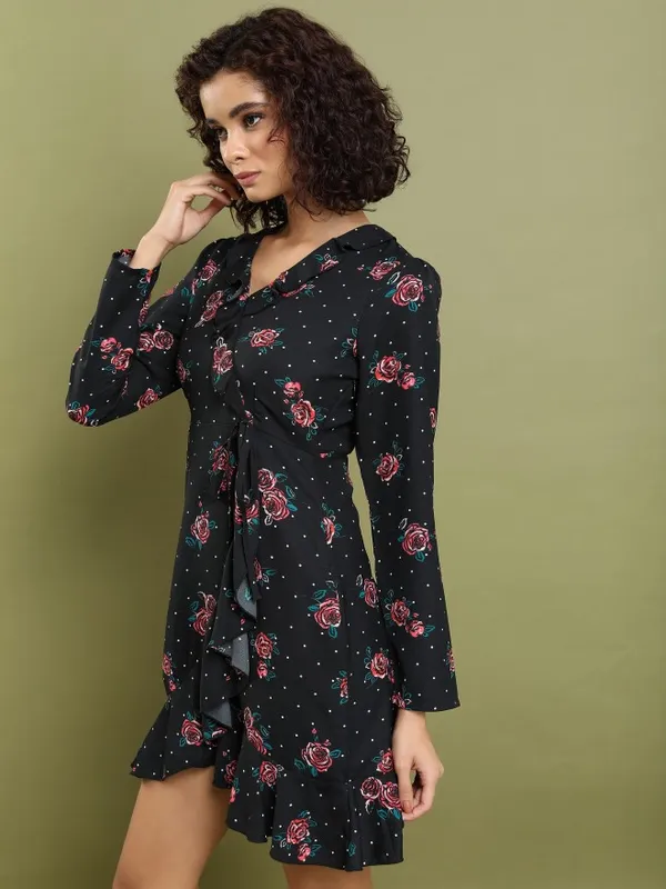 Tokyo Talkies Women Black Printed Fit And Flare Dress