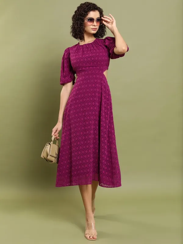 Tokyo Talkies Women Maroon Self Design Fit And Flare Dress