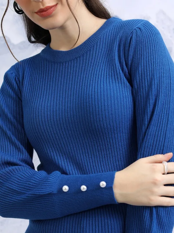 Tokyo Talkies Women Blue Round Neck Sweaters