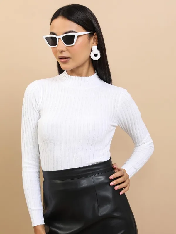  Tokyo Talkies Women White Mock Collar Sweaters