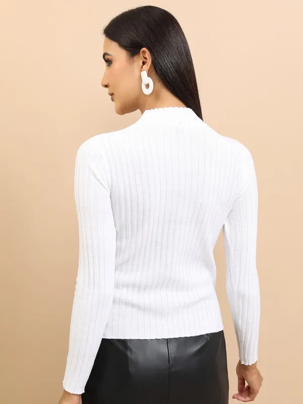  Tokyo Talkies Women White Mock Collar Sweaters