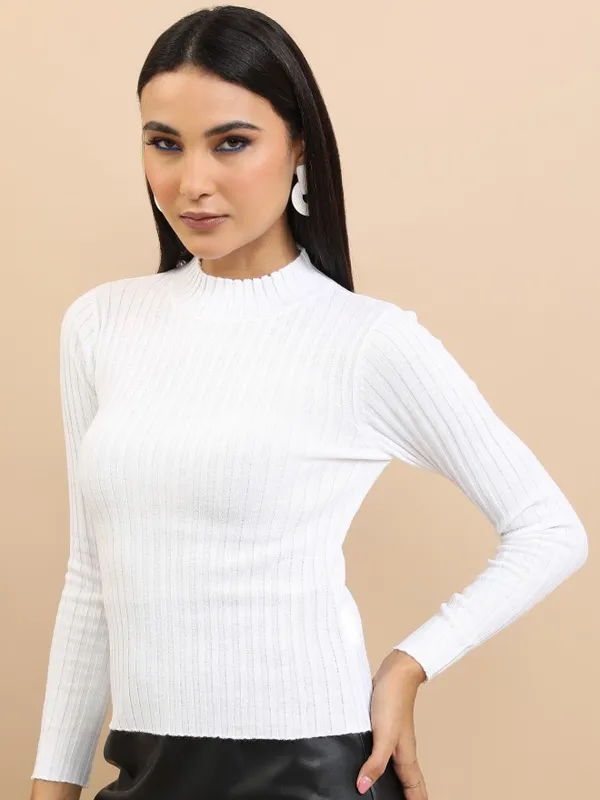  Tokyo Talkies Women White Mock Collar Sweaters