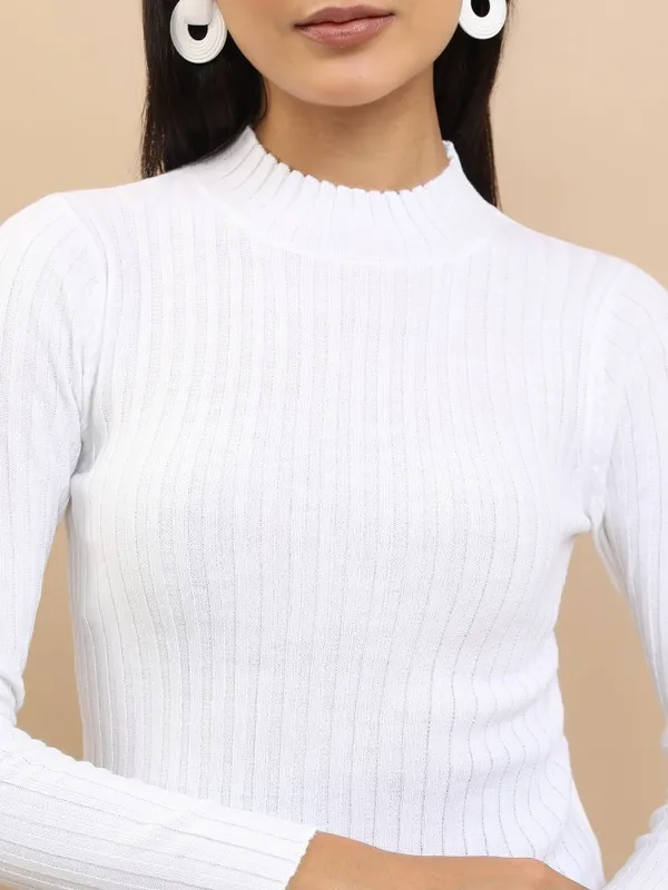  Tokyo Talkies Women White Mock Collar Sweaters