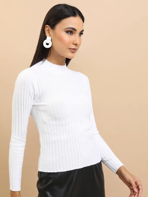  Tokyo Talkies Women White Mock Collar Sweaters