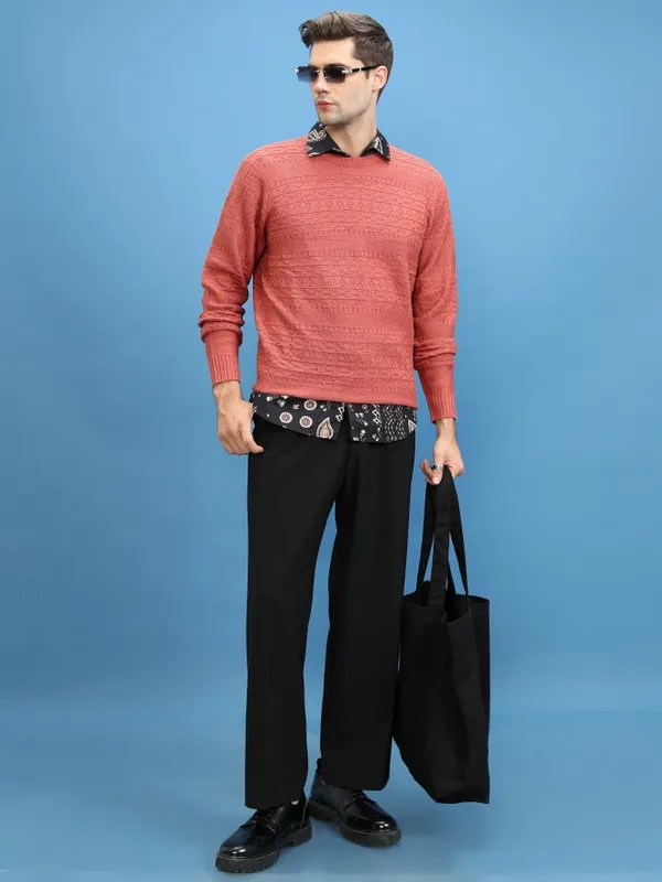  Highlander Men Brown Round Neck Pullover Sweaters