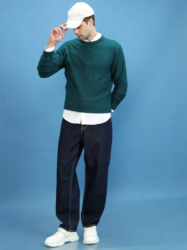 Highlander Men Teal Round Neck Pullover Sweaters
