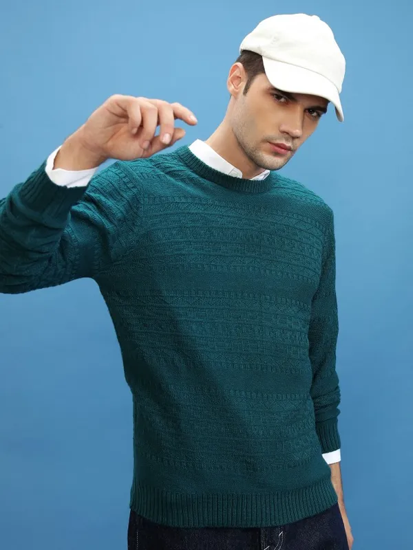  Highlander Men Teal Round Neck Pullover Sweaters