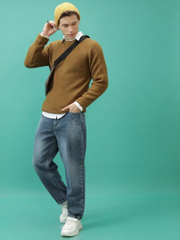  Highlander Men Mustard Round Neck Pullover Sweaters