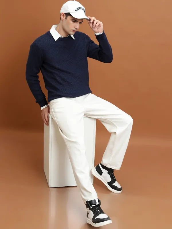  Highlander Men Navy Blue Round Neck Pullover Sweaters
