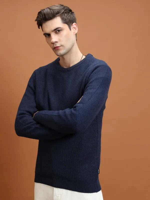 Highlander Men Navy Blue Round Neck Pullover Sweaters