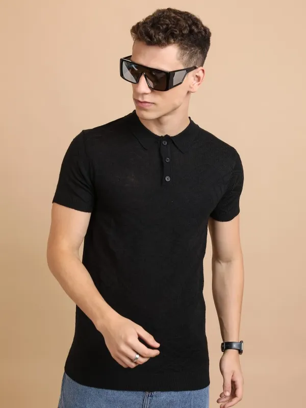  Highlander Men Black Self Design Shawl Collar Sweaters