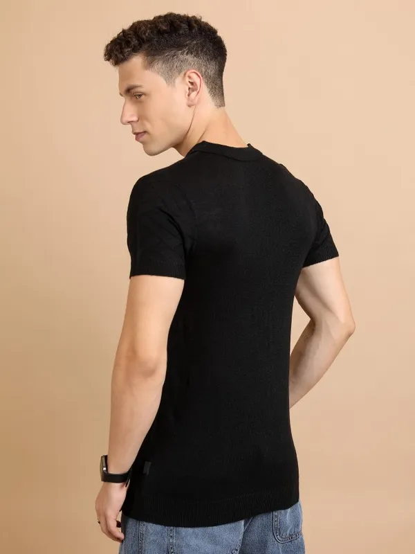  Highlander Men Black Self Design Shawl Collar Sweaters