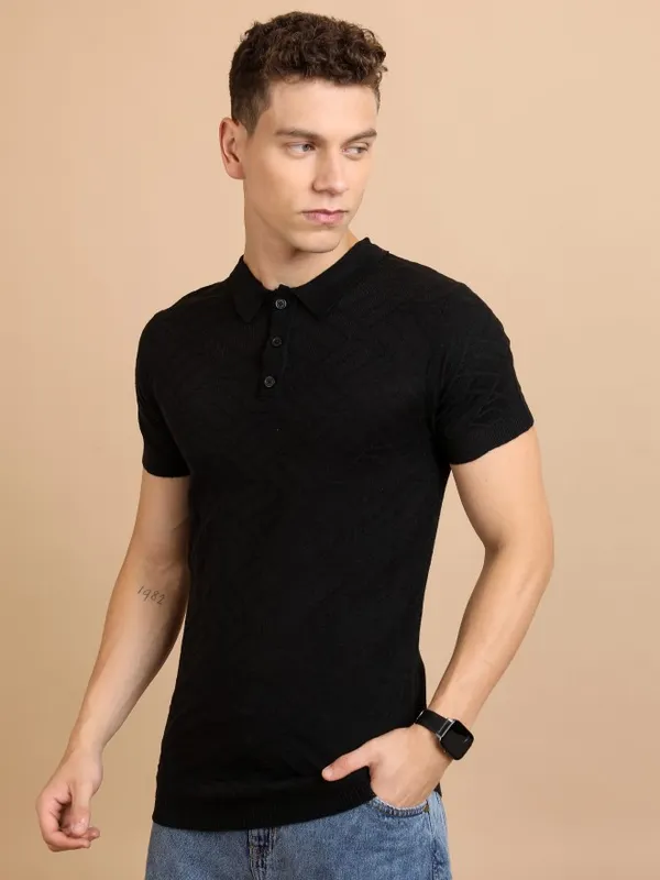  Highlander Men Black Self Design Shawl Collar Sweaters