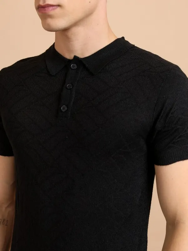  Highlander Men Black Self Design Shawl Collar Sweaters