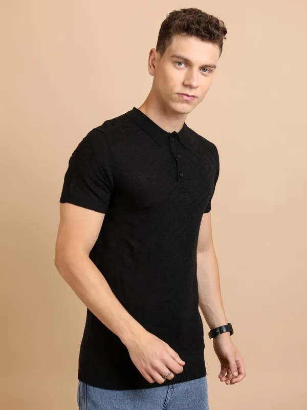  Highlander Men Black Self Design Shawl Collar Sweaters