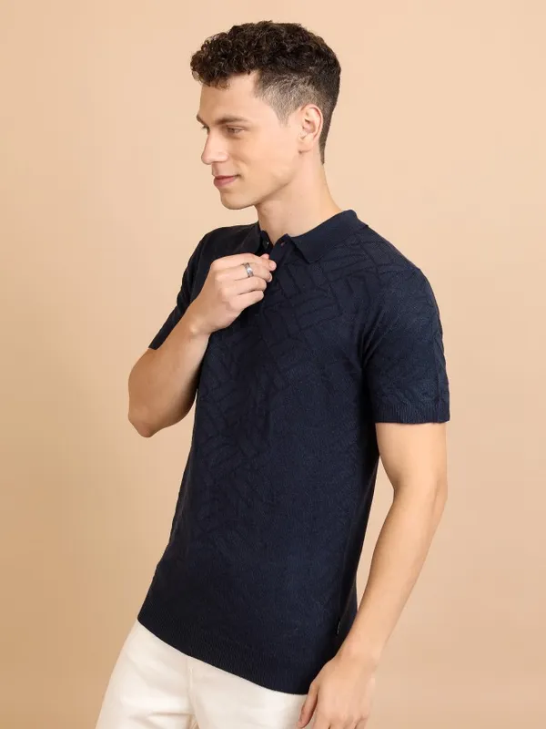  Highlander Men Navy Blue Shawl Neck Pullover Sweaters