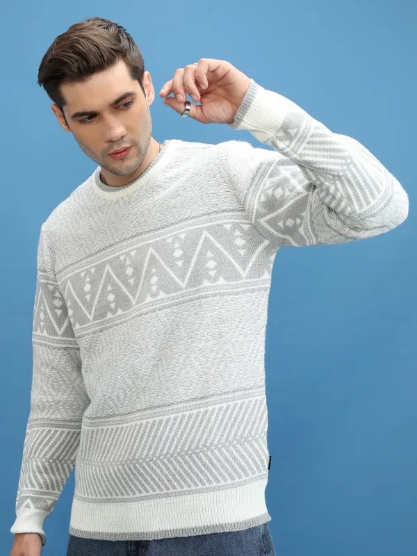  Highlander Men White Round Neck Pullover Sweaters