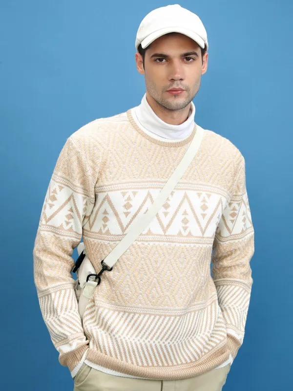  Highlander Men Beige Round Neck Pullover Sweaters