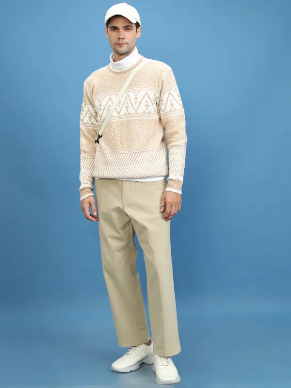  Highlander Men Beige Round Neck Pullover Sweaters
