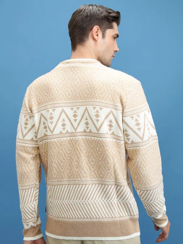  Highlander Men Beige Round Neck Pullover Sweaters