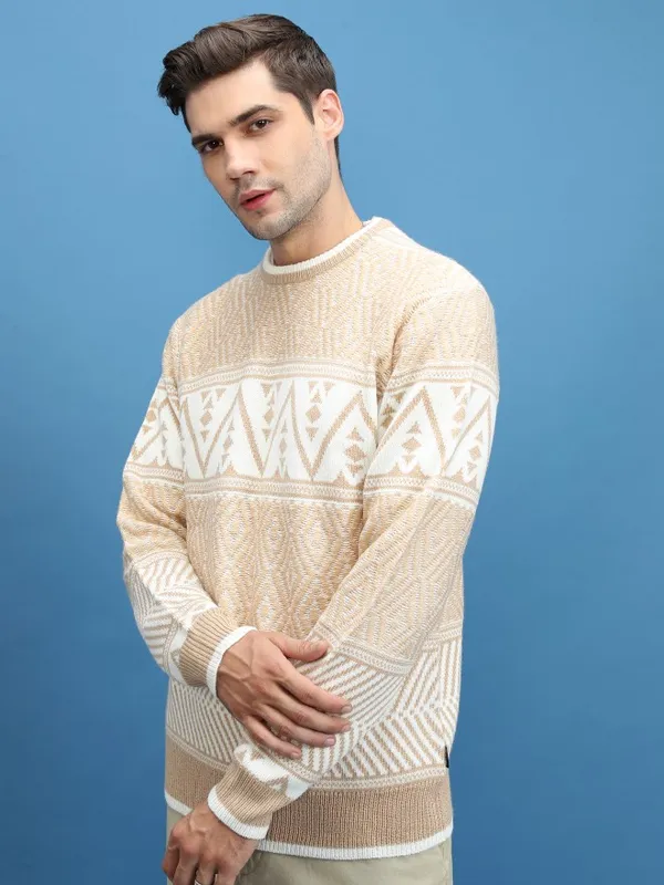  Highlander Men Beige Round Neck Pullover Sweaters