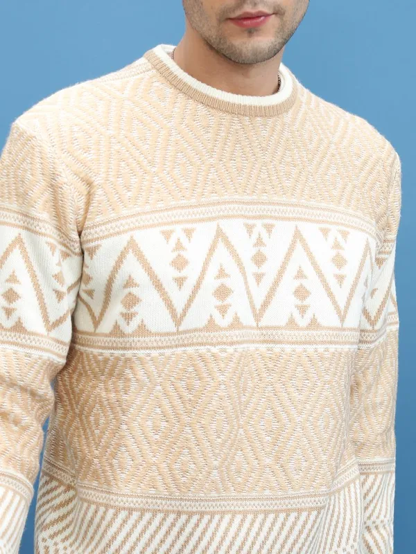  Highlander Men Beige Round Neck Pullover Sweaters