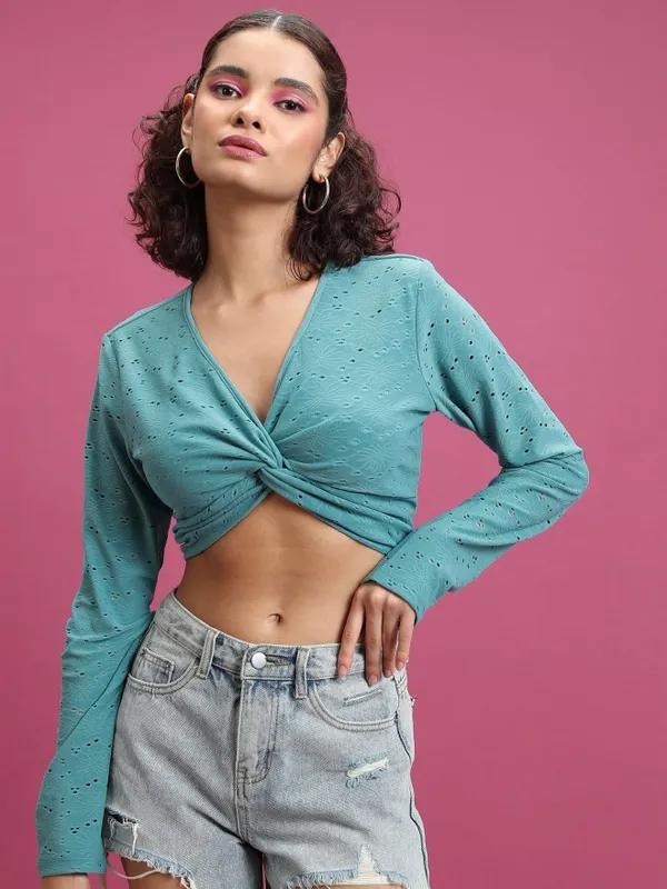 Tokyo Talkies Women Sage Self Design Regular Top