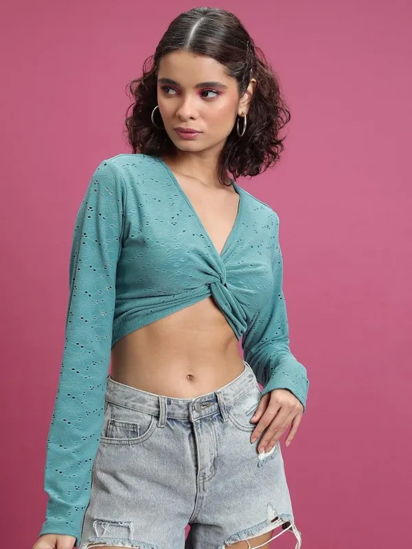 Tokyo Talkies Women Sage Self Design Regular Top