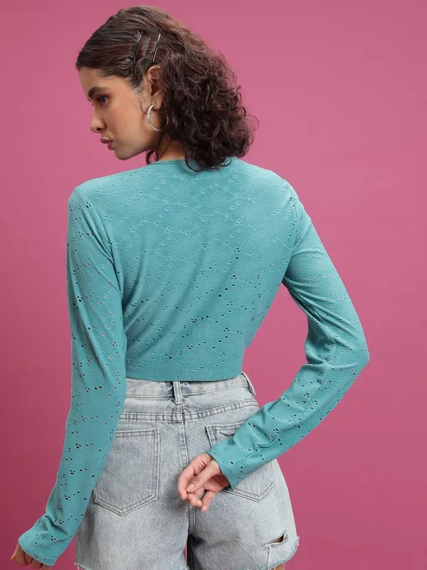 Tokyo Talkies Women Sage Self Design Regular Top