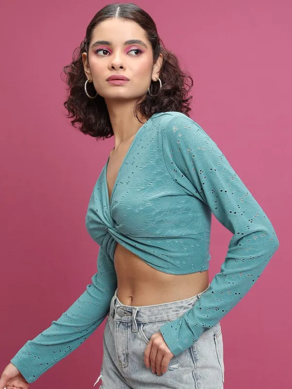 Tokyo Talkies Women Sage Self Design Regular Top