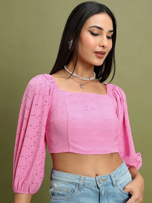 Tokyo Talkies Women Pink Self Design Fitted Top