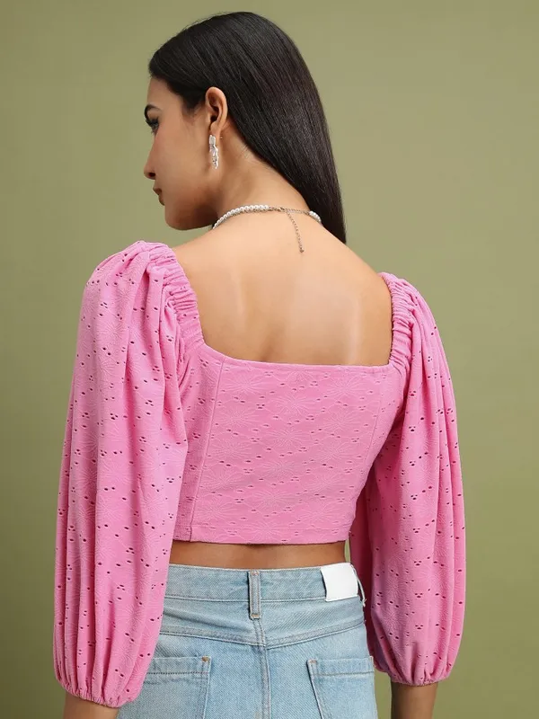 Tokyo Talkies Women Pink Self Design Fitted Top