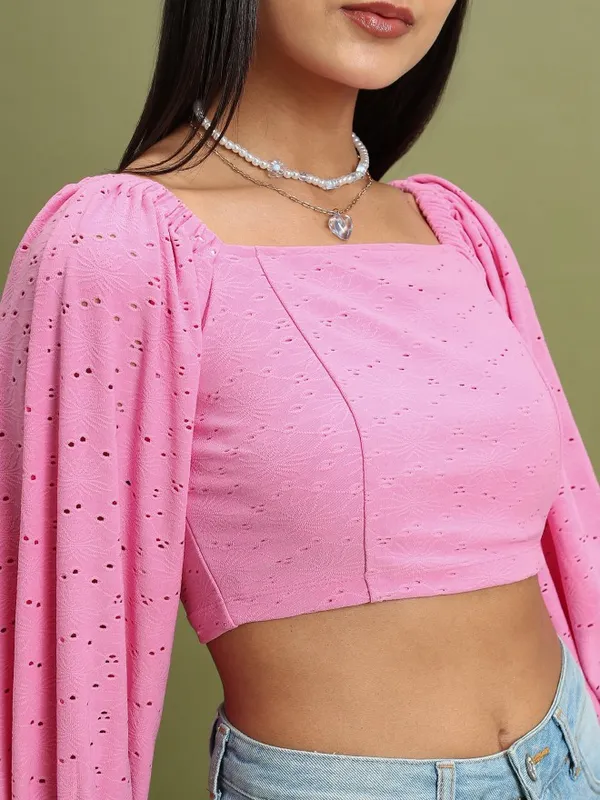 Tokyo Talkies Women Pink Self Design Fitted Top