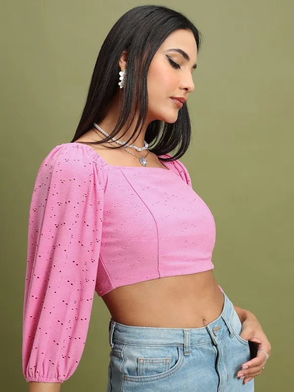 Tokyo Talkies Women Pink Self Design Fitted Top