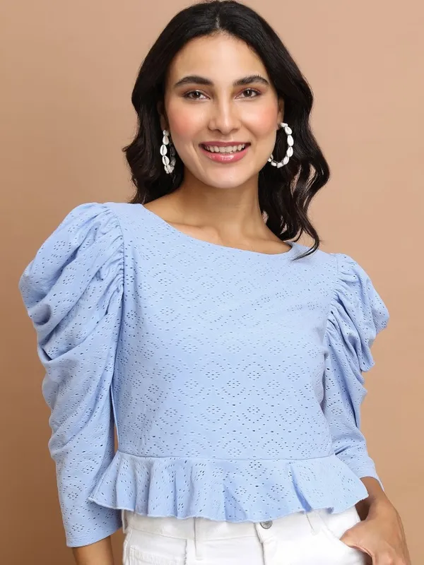  Ketch Women Blue Self Design Peplum Tops