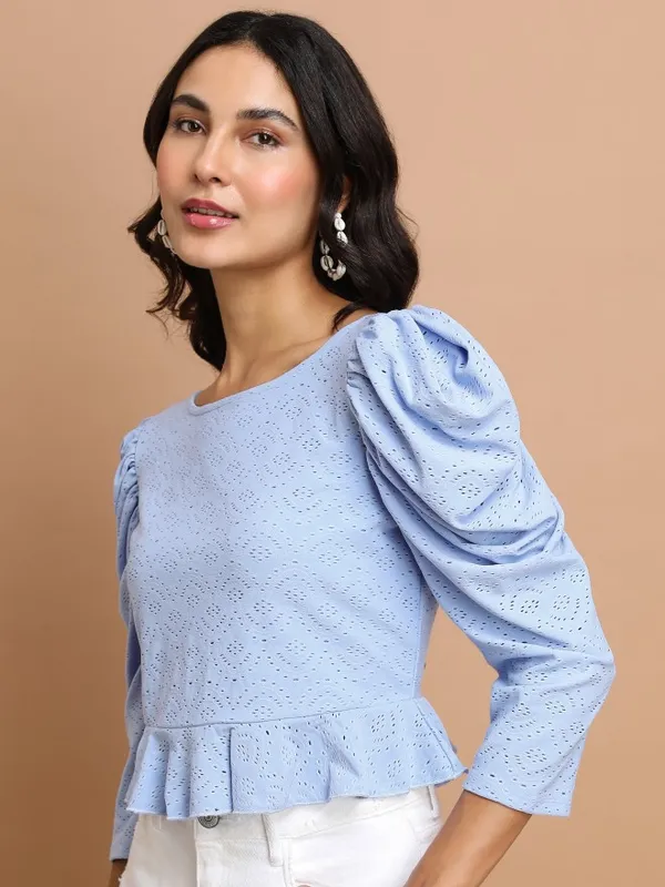  Ketch Women Blue Self Design Peplum Tops