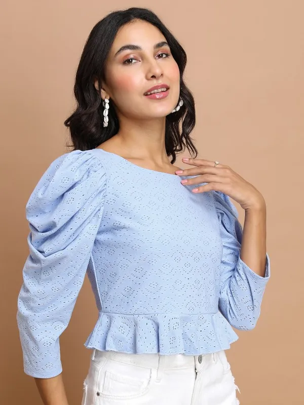  Ketch Women Blue Self Design Peplum Tops