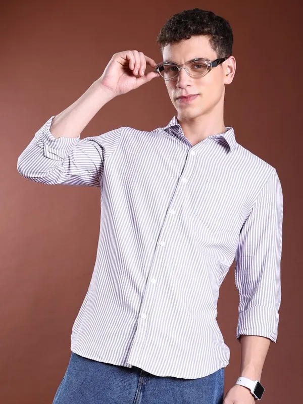 Highlander Men Lavender Striped Slim Fit Casual Shirts