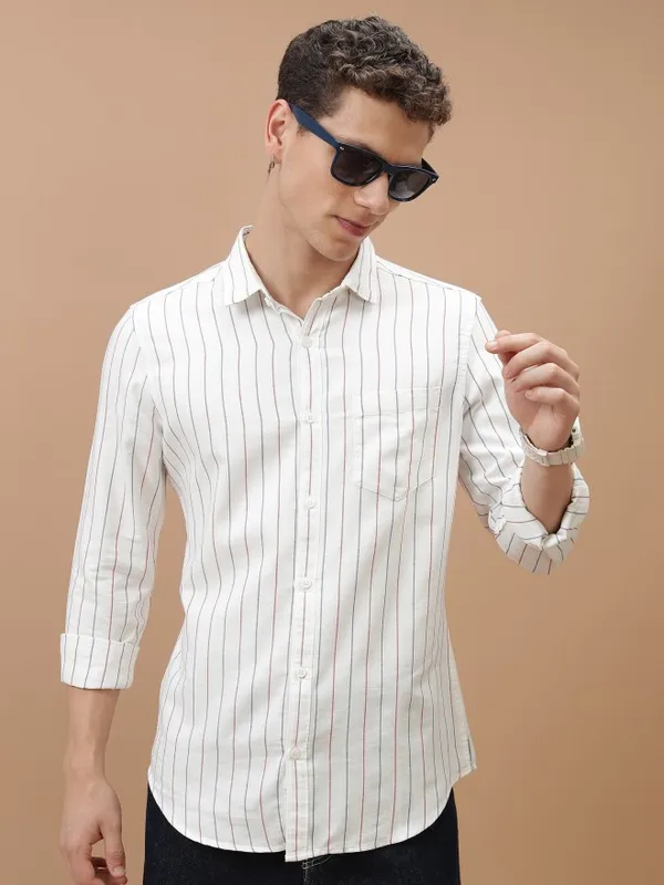  Highlander Men White Striped Slim Fit Casual Shirts