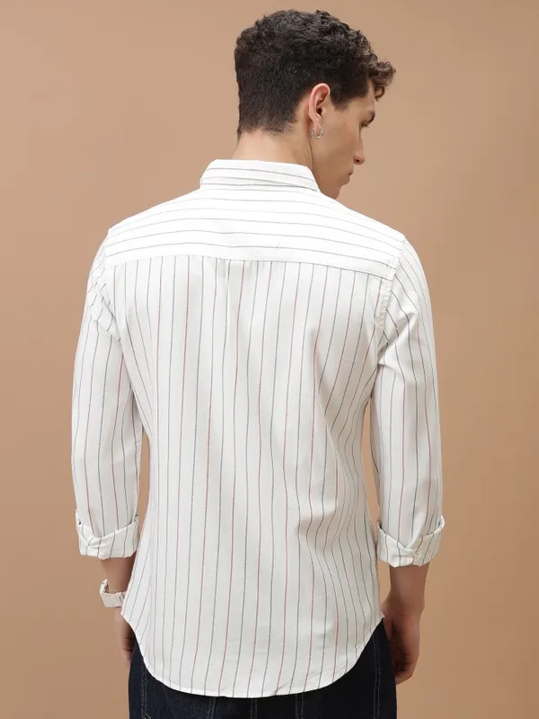  Highlander Men White Striped Slim Fit Casual Shirts