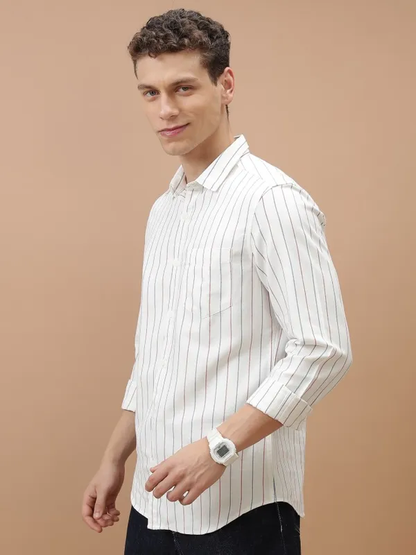  Highlander Men White Striped Slim Fit Casual Shirts