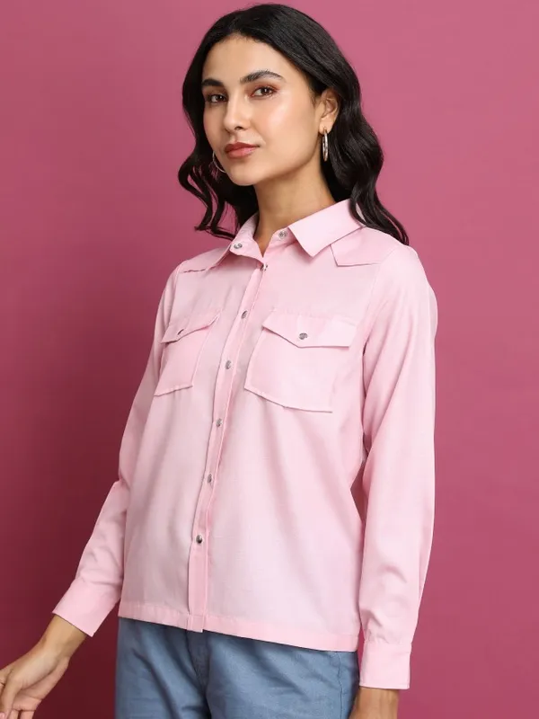 Tokyo Talkies Women Pink Solid Casual Shirt