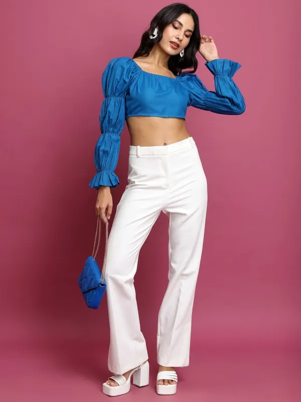 Tokyo Talkies Women Blue Solid Bardot Top