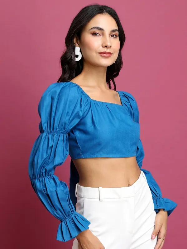 Tokyo Talkies Women Blue Solid Bardot Top