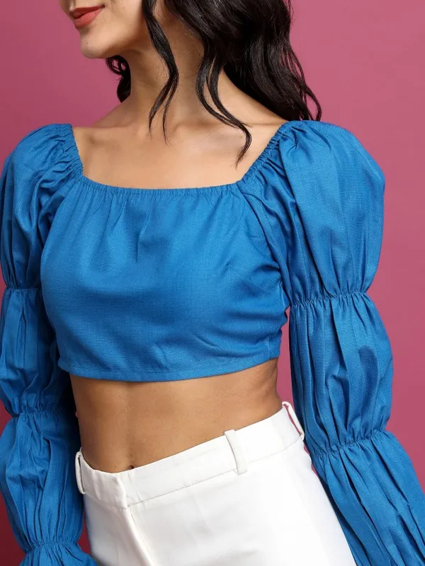 Tokyo Talkies Women Blue Solid Bardot Top