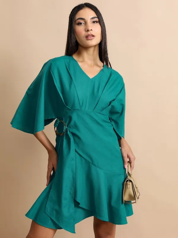 Tokyo Talkies Women Teal Solid Drop-Waist Dress