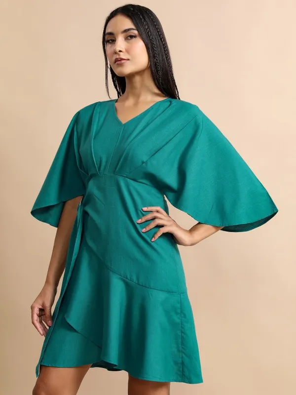 Tokyo Talkies Women Teal Solid Drop-Waist Dress