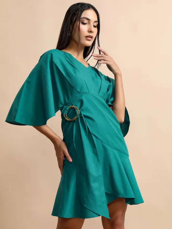 Tokyo Talkies Women Teal Solid Drop-Waist Dress