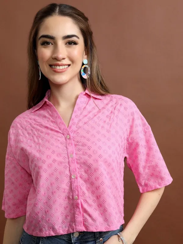 Vishudh Women Pink Self Design Casual Shirt